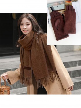 Knitted Double Layer Touch Screen Glove + Premium Cashmere Feeling Solid Color Scarf W/ Tassels Set (GL121714COF + SF189216COF)